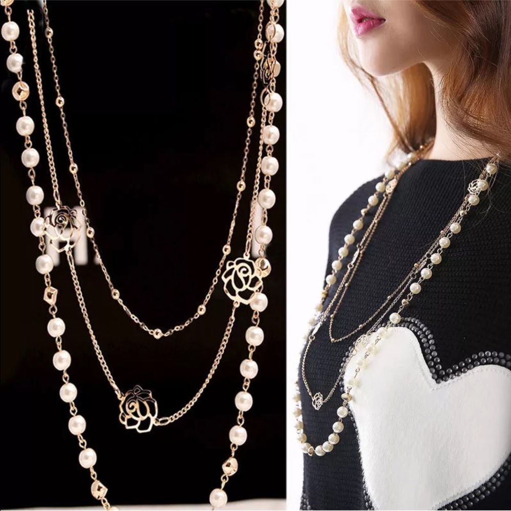 Multi layer Gold-tone Pearl Layered Necklace - Picture 3 of 8